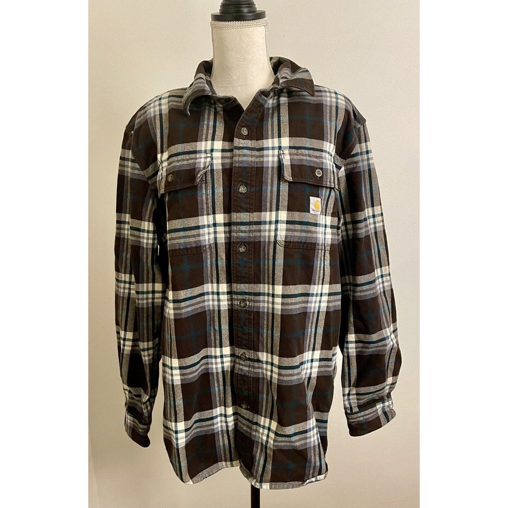 Carhartt Men’s Heavy Cotton Loose Fit Blue Gray Plaid Work Wear Shirt Size M